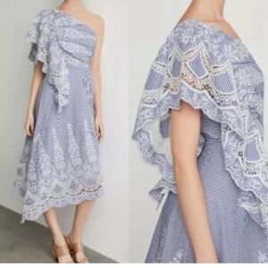 NWOT BCBGMAXAZRIA BCBG One Shoulder Embroidered Stripe Dress Blue Combo Size 14